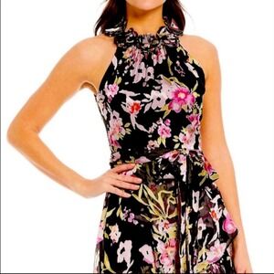 ALEX MARIE Maxi Dress Floral Ruffle Neck Halter Tiered Black Pink Women's Size 4